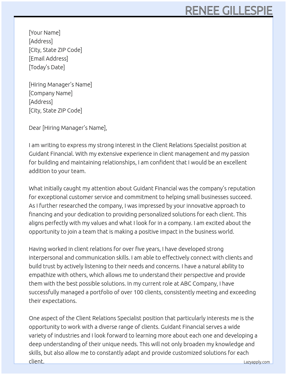 Client relations specialist At GUIDANT FINANCIAL Cover Letter