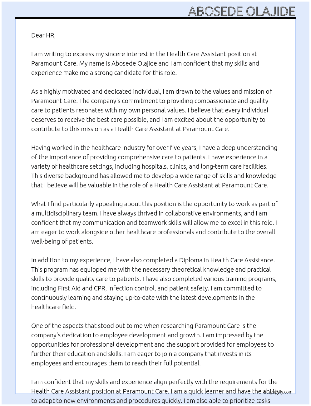 health care assistant At paramount care Cover Letter