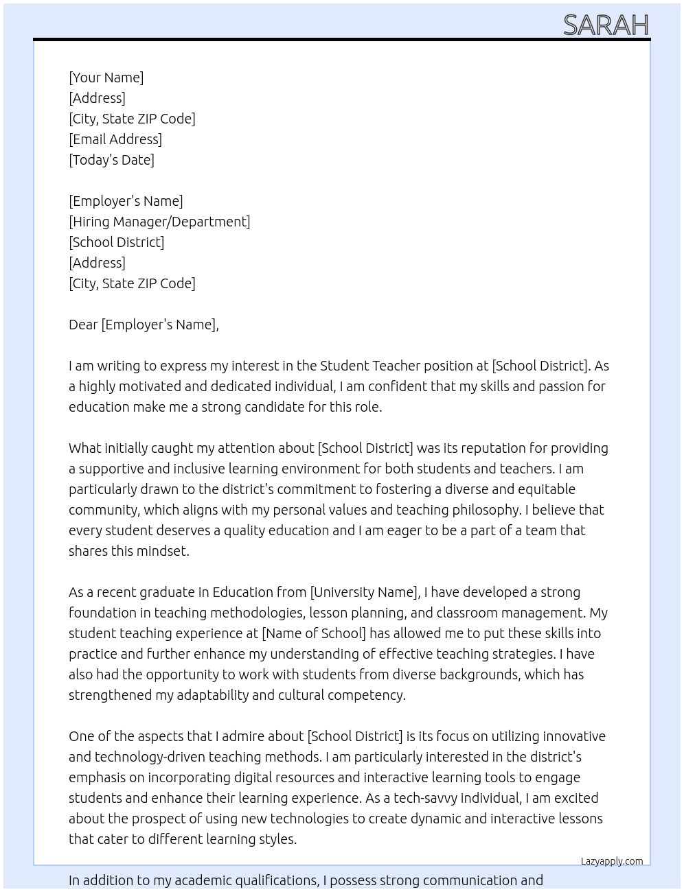 Student teacher At School district Cover Letter