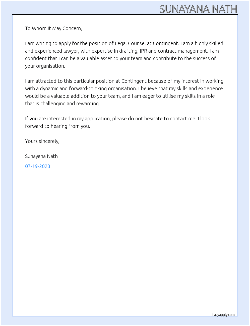 Legal Counsel At Contingent Cover Letter