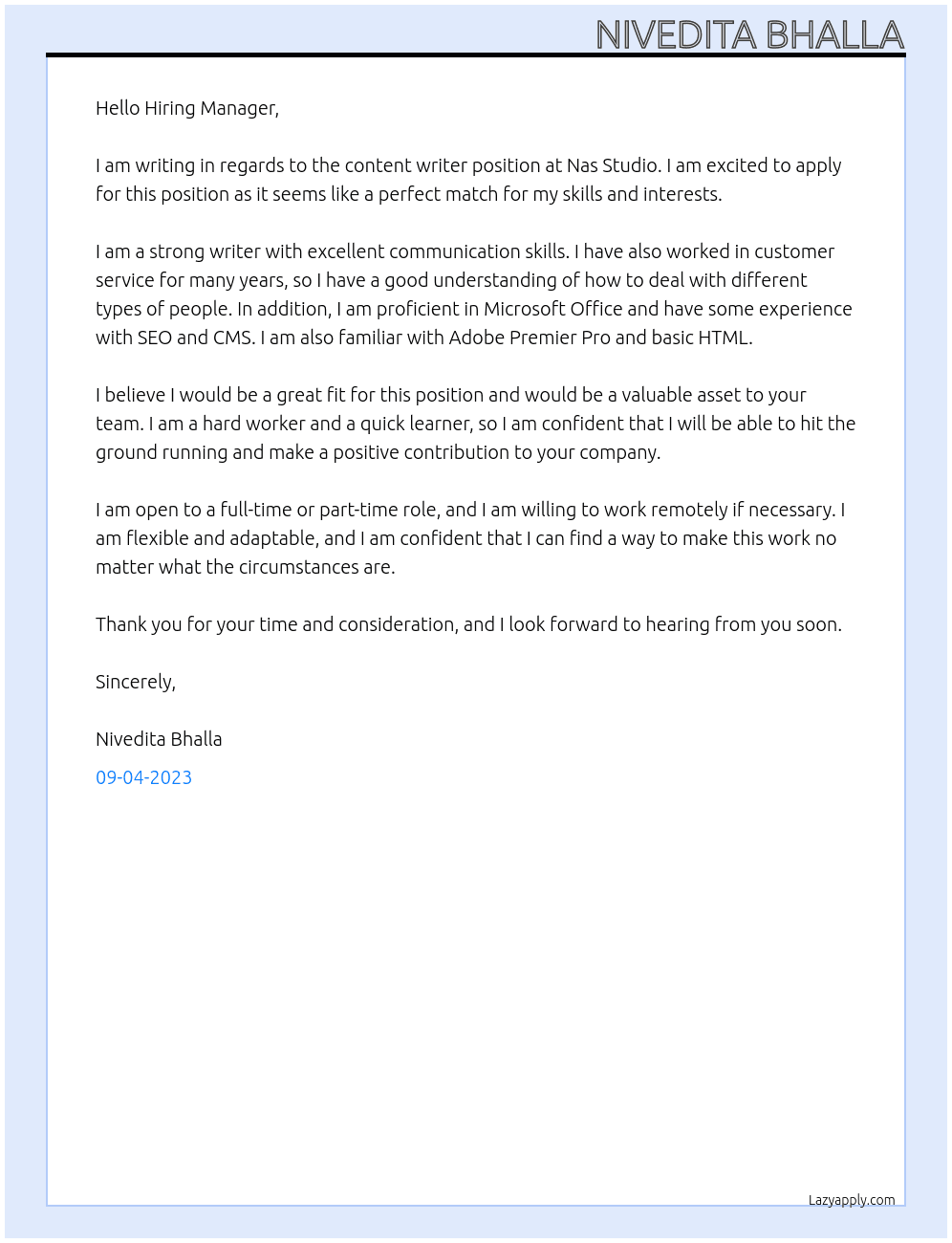 content writer At Nas Studio Cover Letter