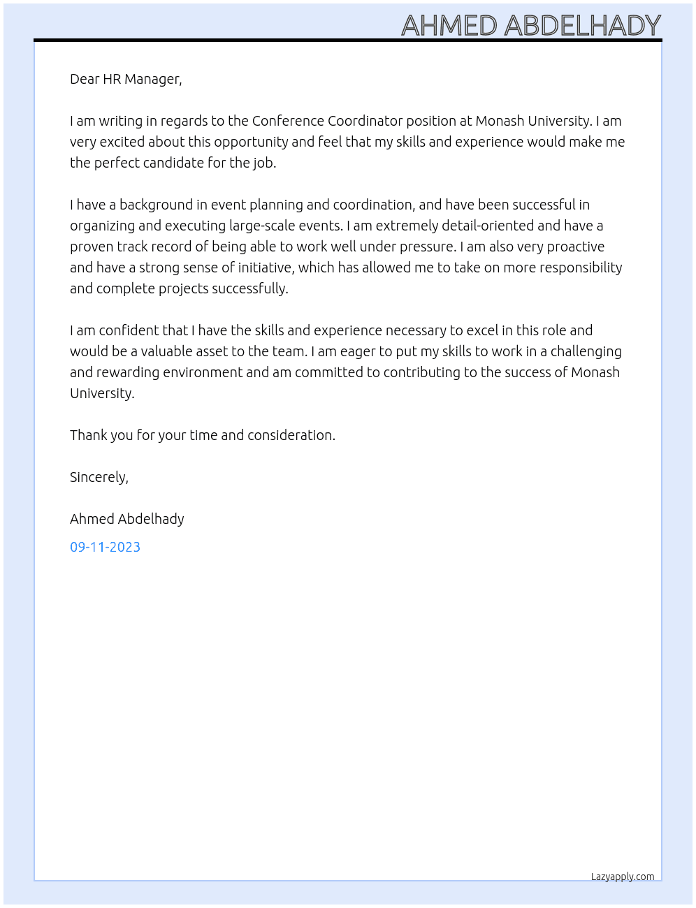 Conference Coordinator At Monash University Cover Letter