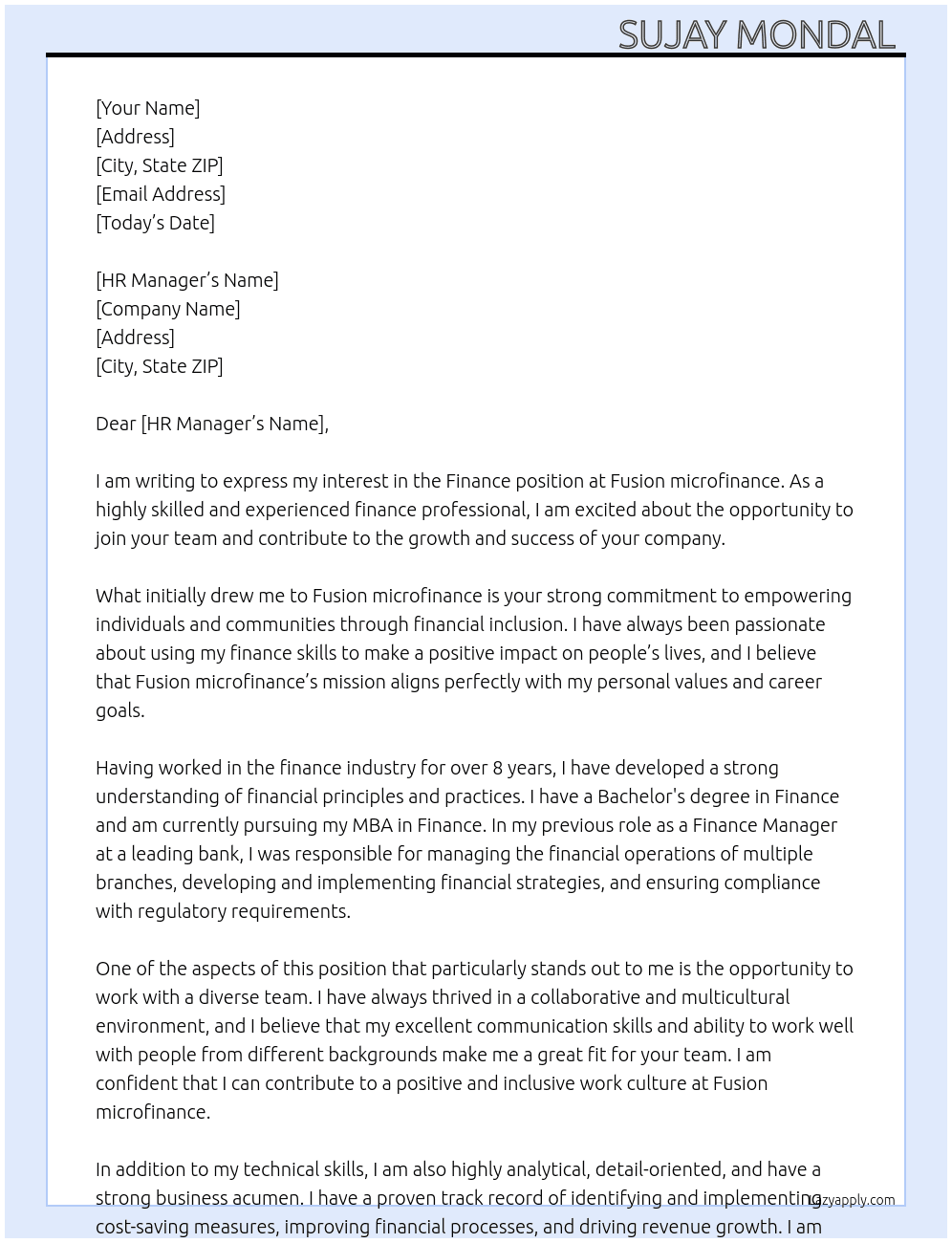 Finance  At Fusion microfinance  Cover Letter