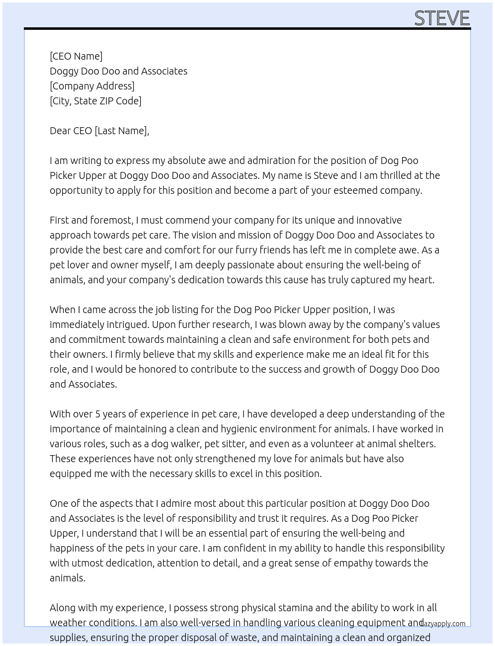 Dog Poo Picker Upper At Doggy Doo Doo and Associates Cover Letter