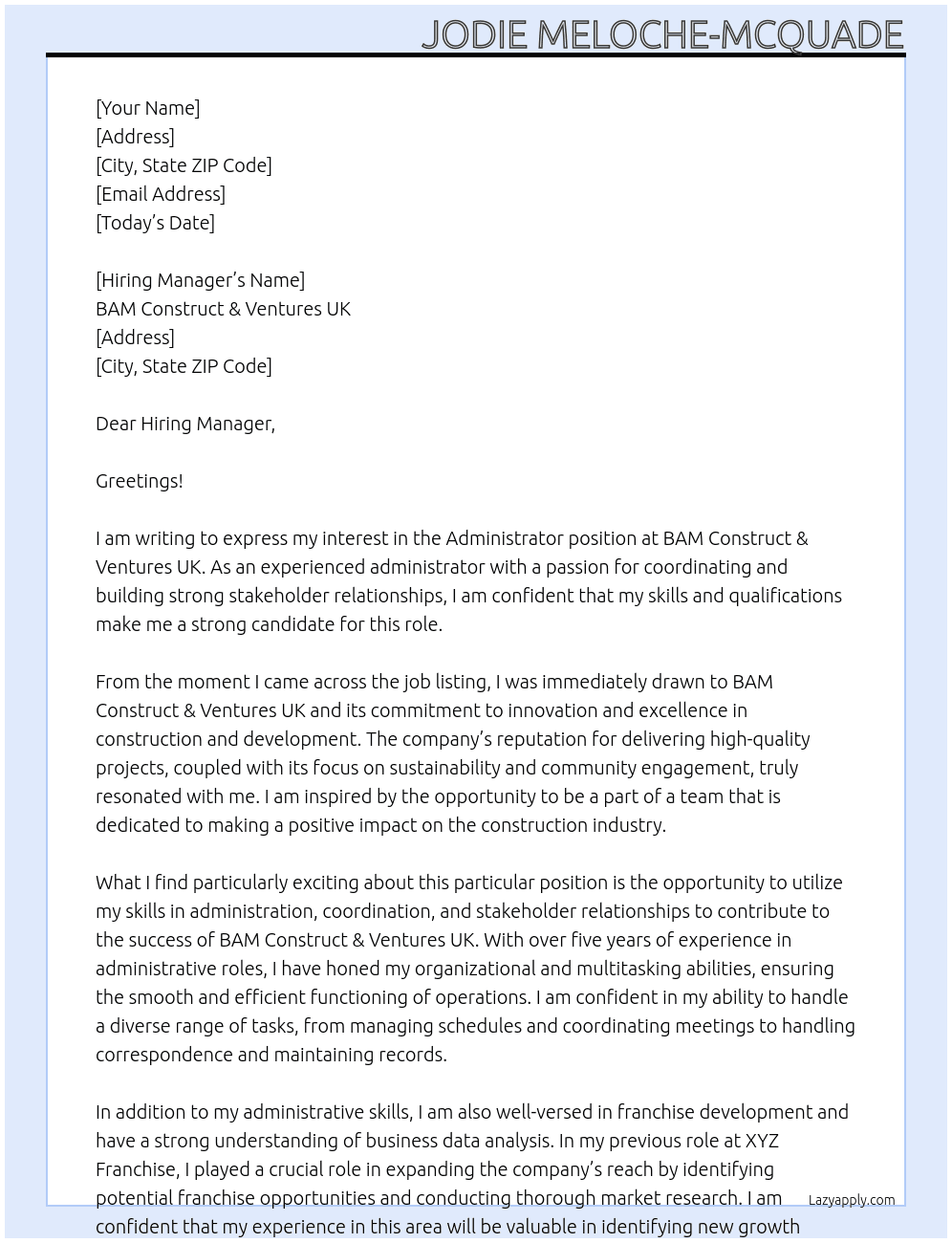 Administrator At BAM Construct & Ventures UK Cover Letter