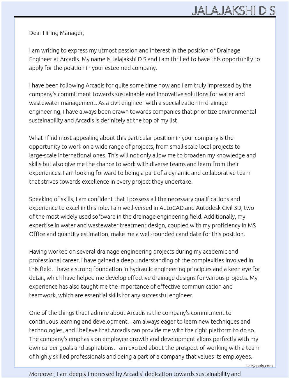 Cover letter for drainage engineer - LazyApply
