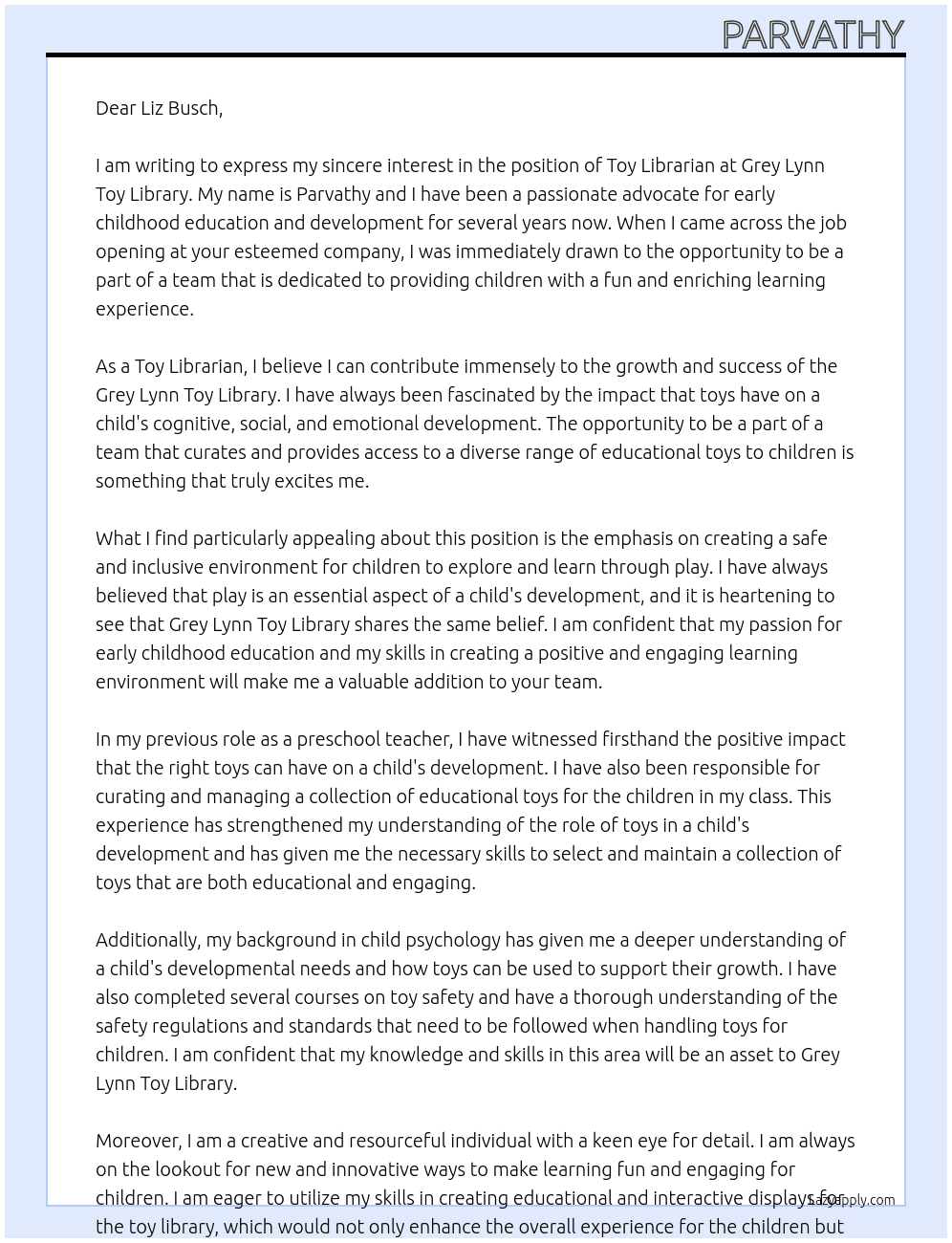 Toy Librarian At Grey Lynn Toy Library Cover Letter