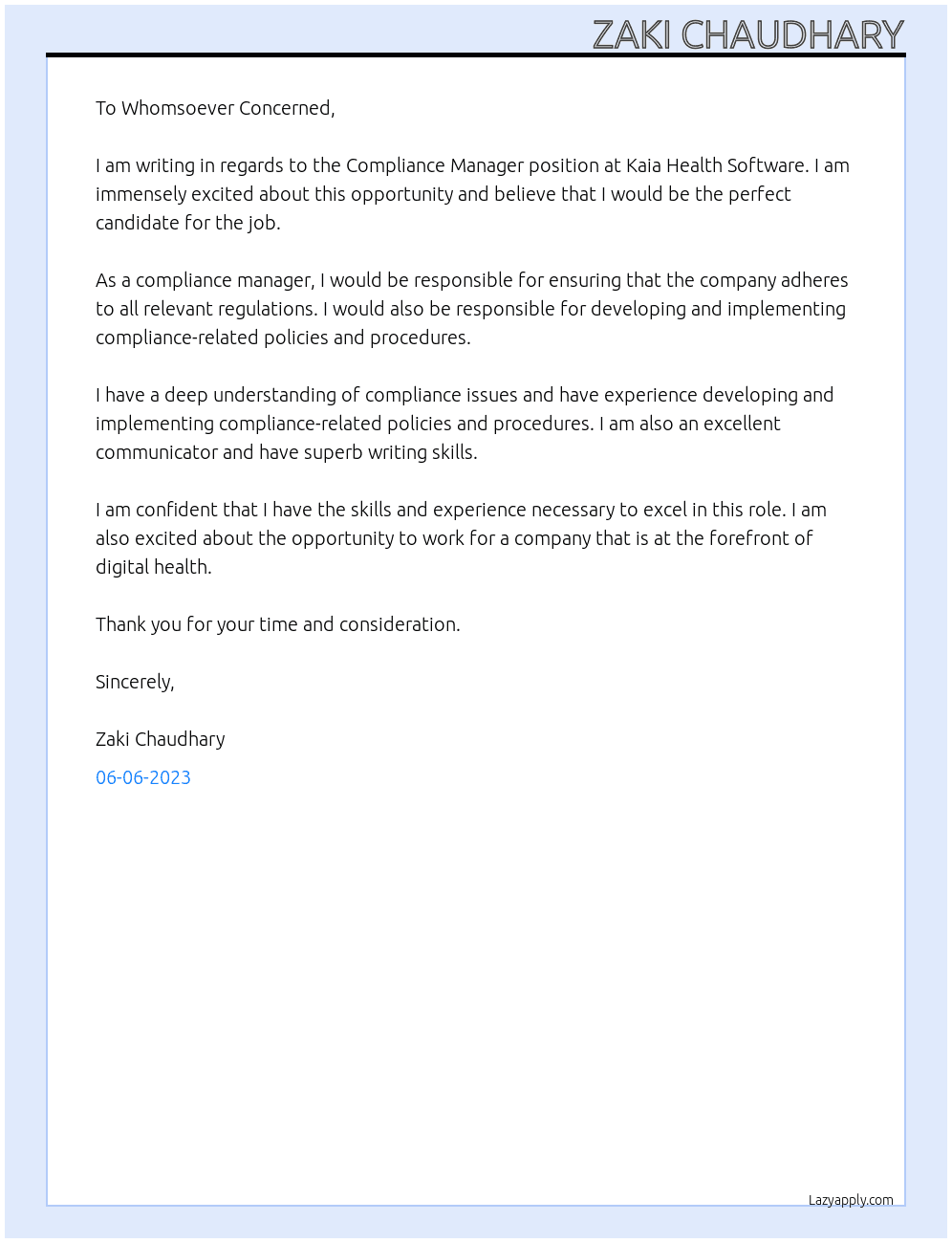 Compliance Manager  At Kaia Health Software  Cover Letter