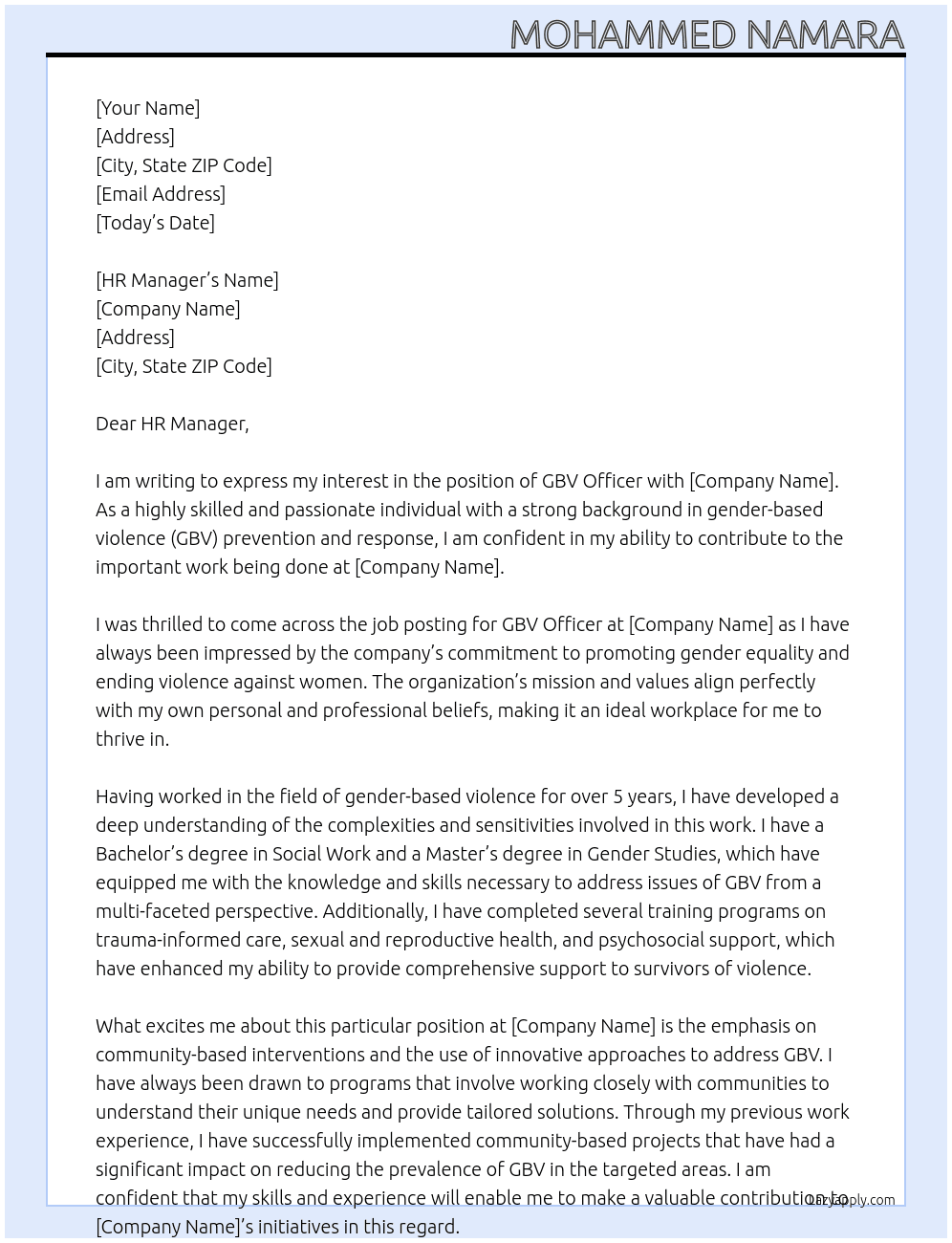 GBV Officer At MAP Cover Letter