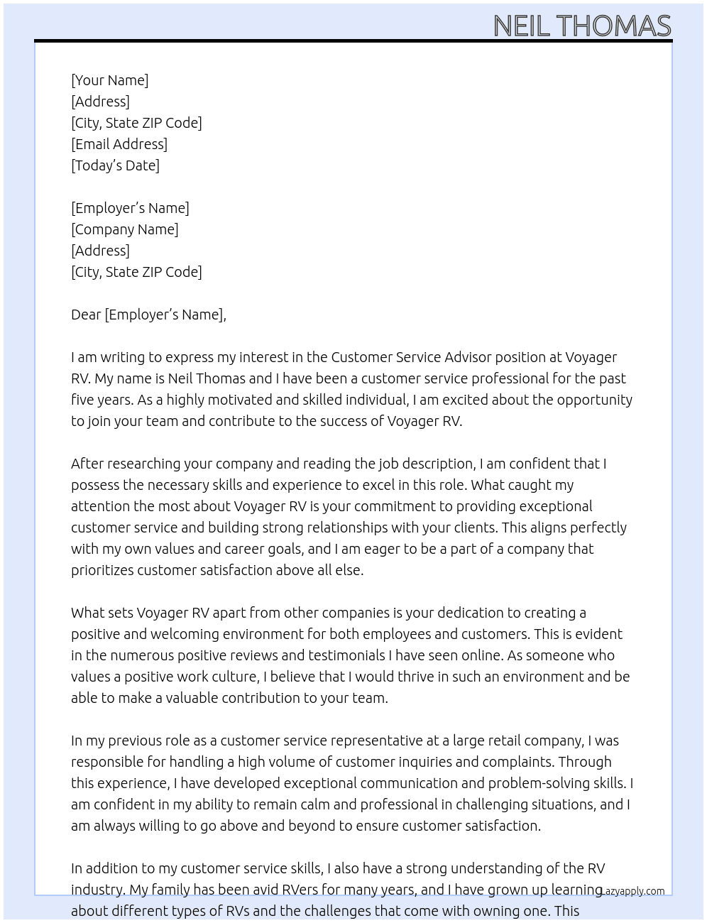 Customer service advisor  At Voyager RV Cover Letter