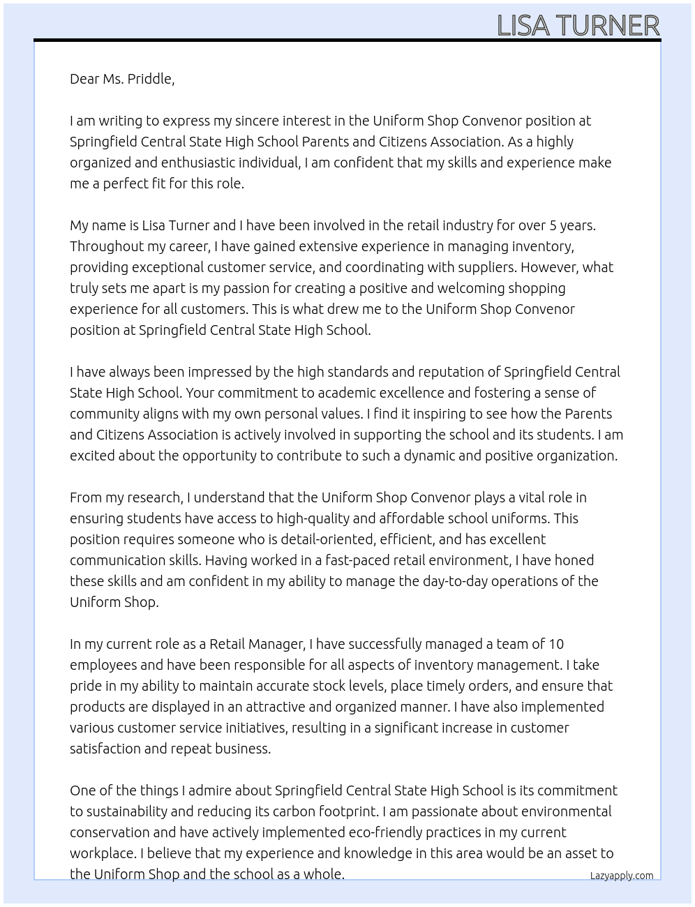 Uniform Shop Convenor At Springfield Central State High School Parents and Citizens Association Cover Letter