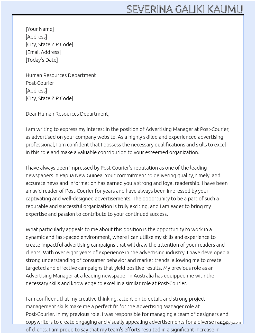 Advertising Manager  At Post-Courier  Cover Letter