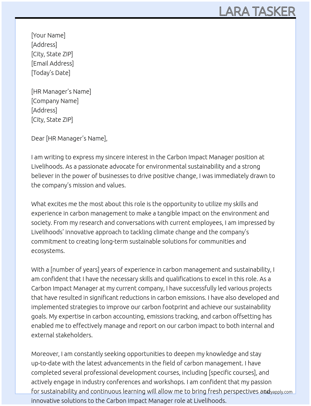Carbon Impact Manager At Livelihoods  Cover Letter