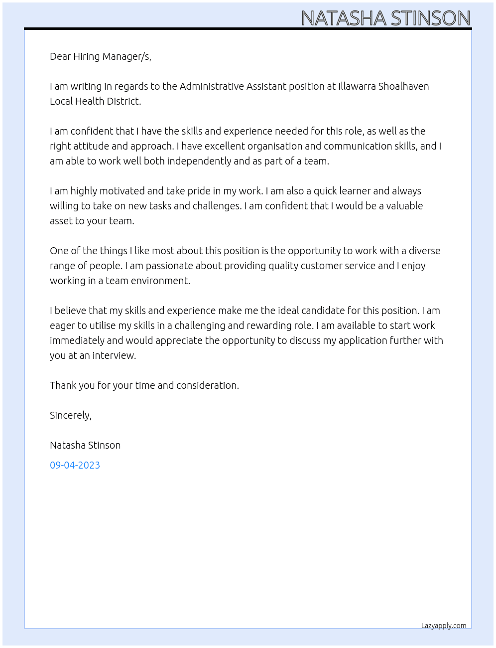 Administrative Assistant At Illawarra Shoalhaven Local Health District Cover Letter