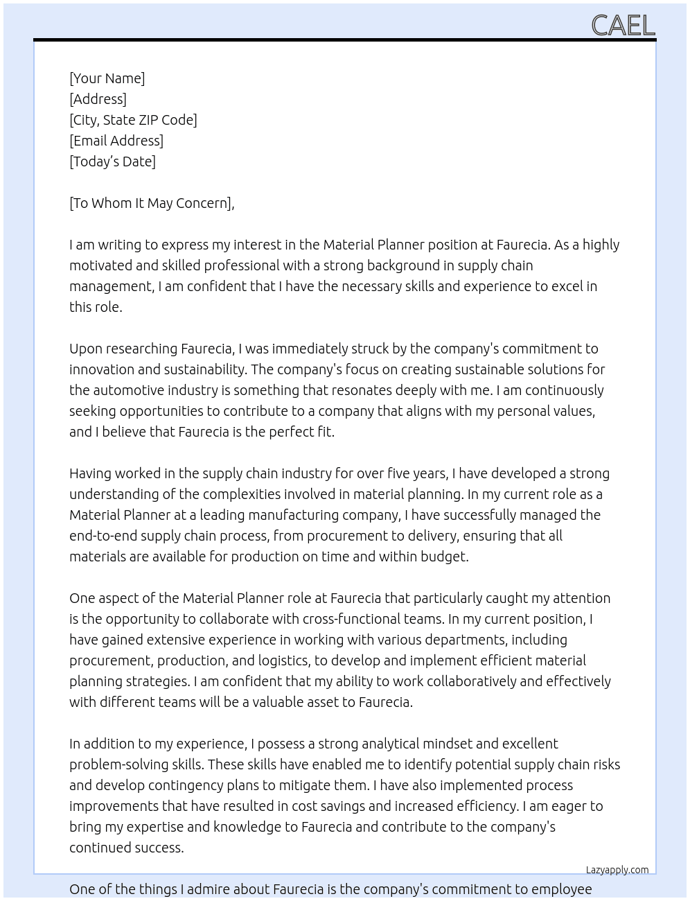 Material planner At Faurecia Cover Letter
