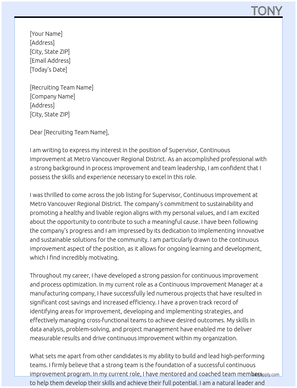 supervisor, continuous improvement At Metro Vancouver Regional District Cover Letter