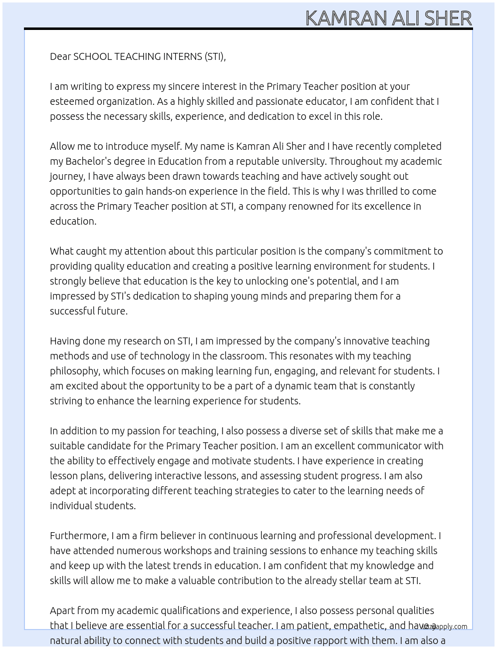 Primary teacher At SCHOOL TEACHING INTERNS (STI)  Cover Letter
