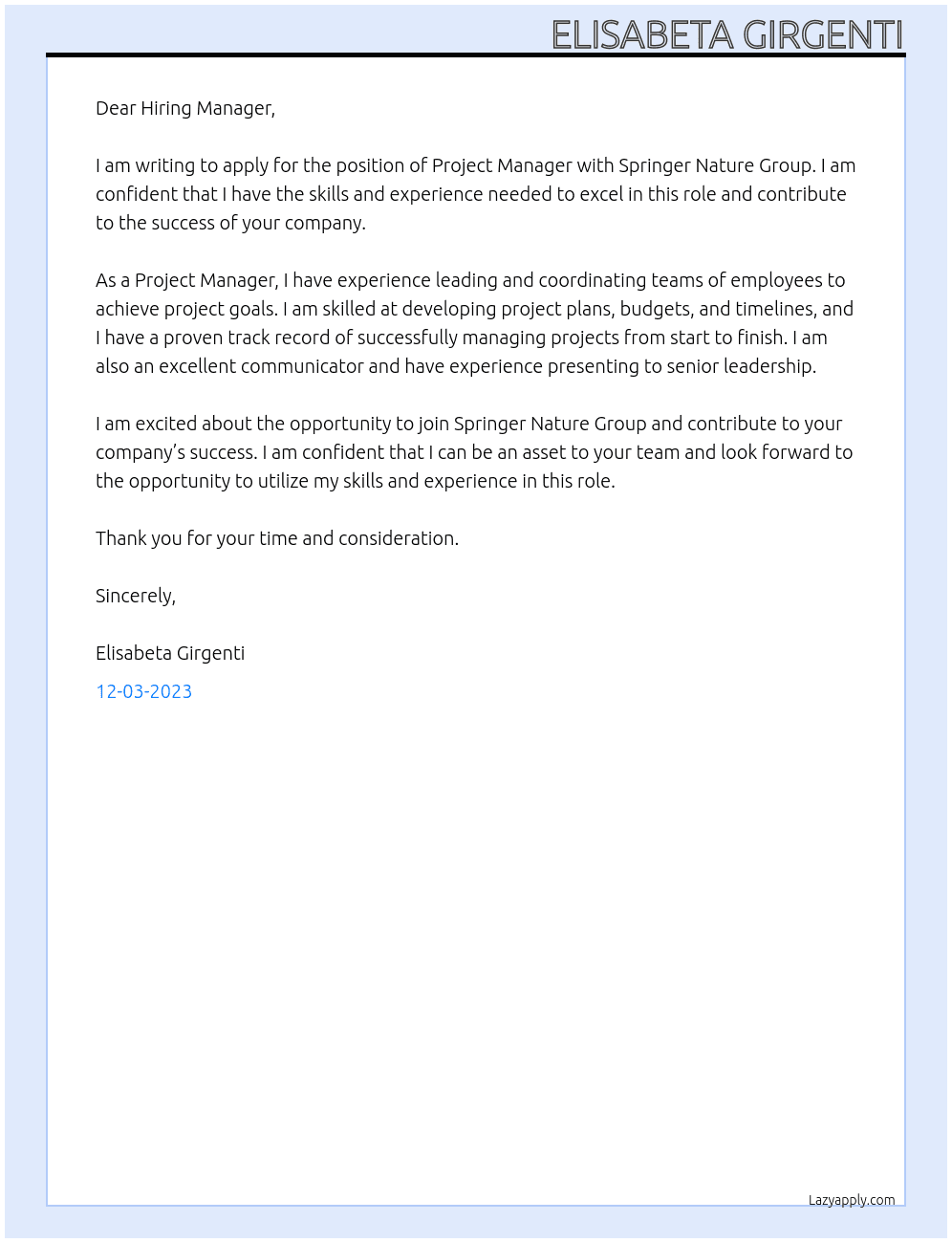 Project Manager At Springer Nature Group Cover Letter