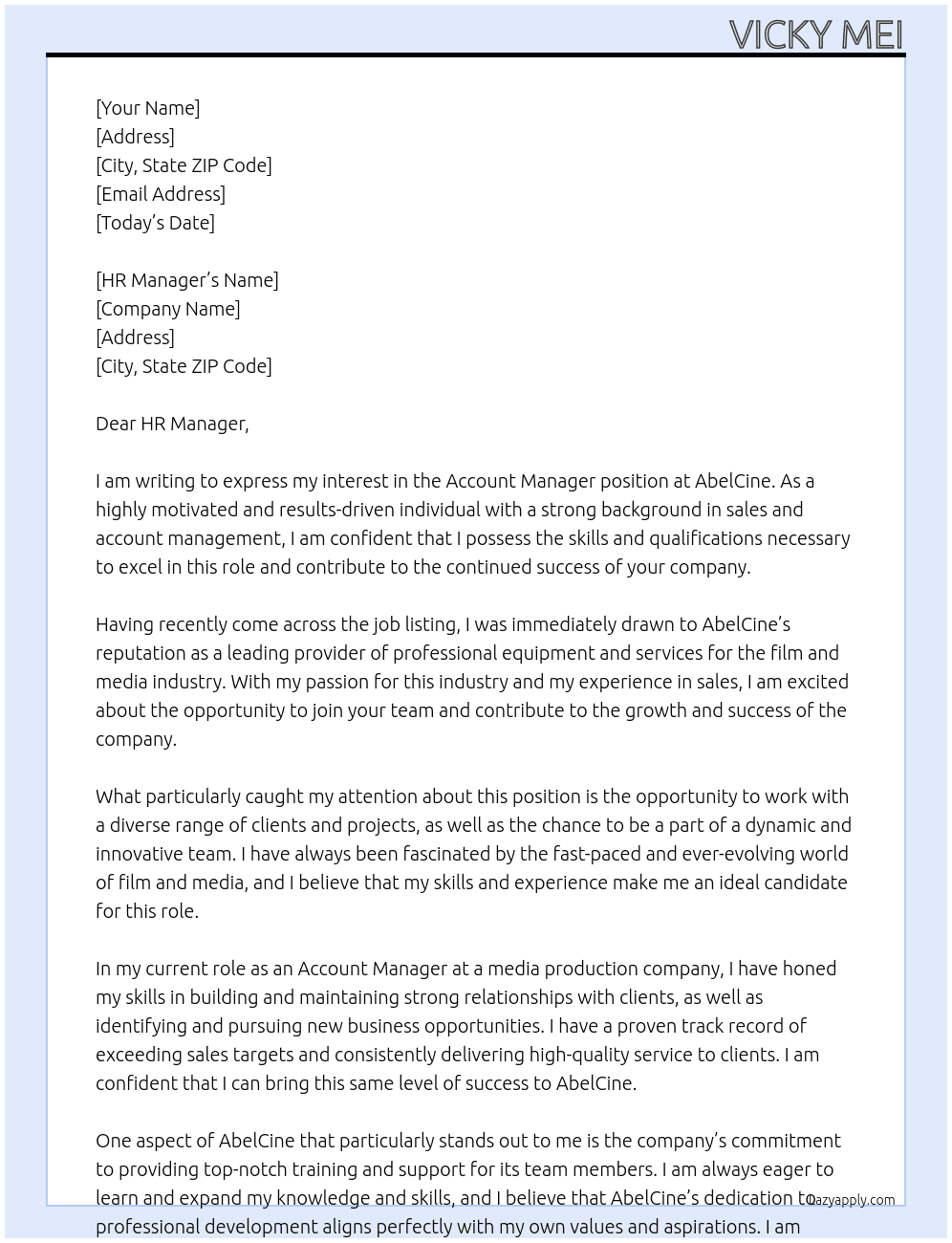Account Manager At AbelCine Cover Letter