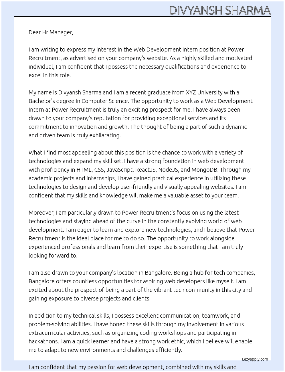 Web Development Intern At Power Recruitment Cover Letter