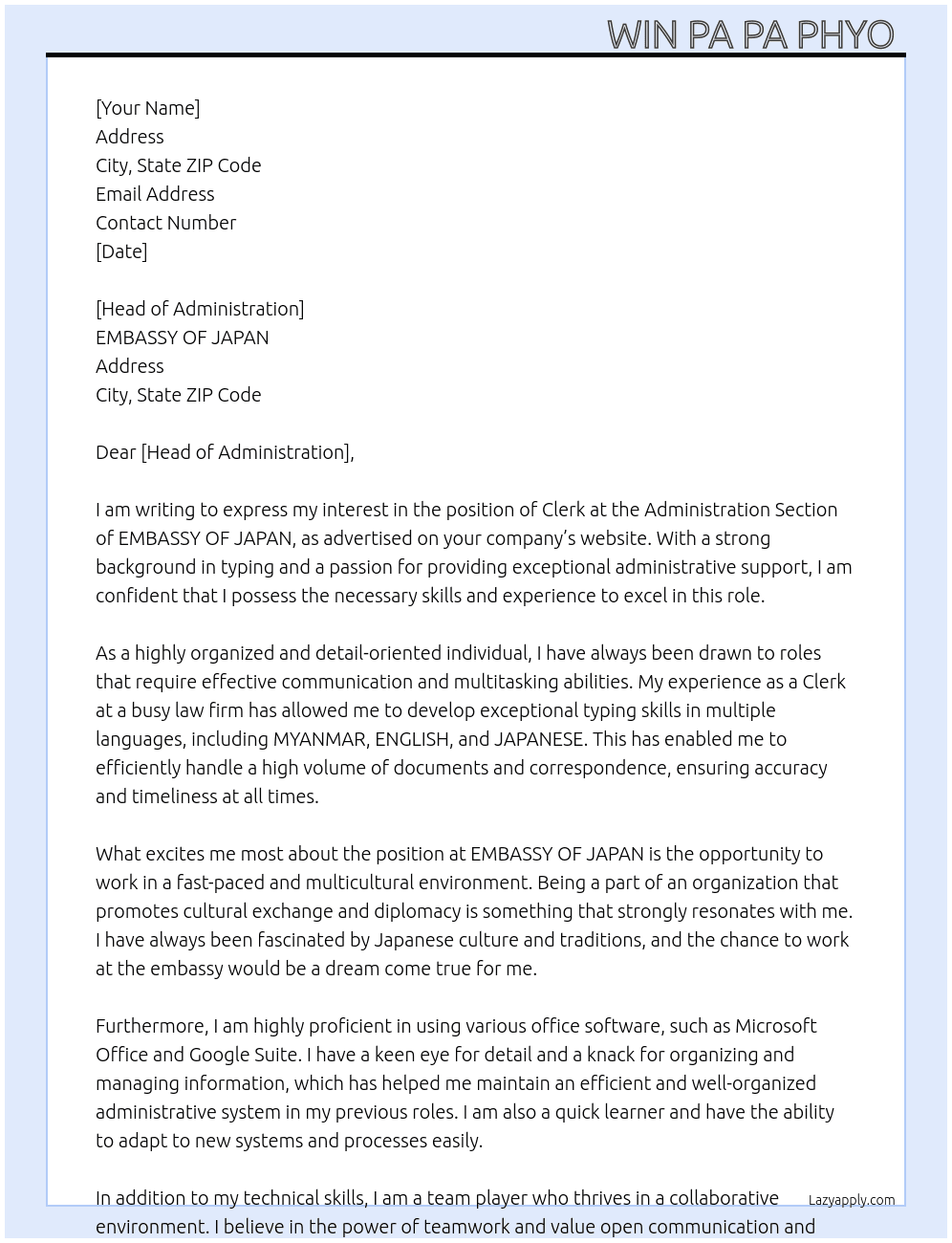 Clerk at Administration Section  At EMBASSY OF JAPAN  Cover Letter