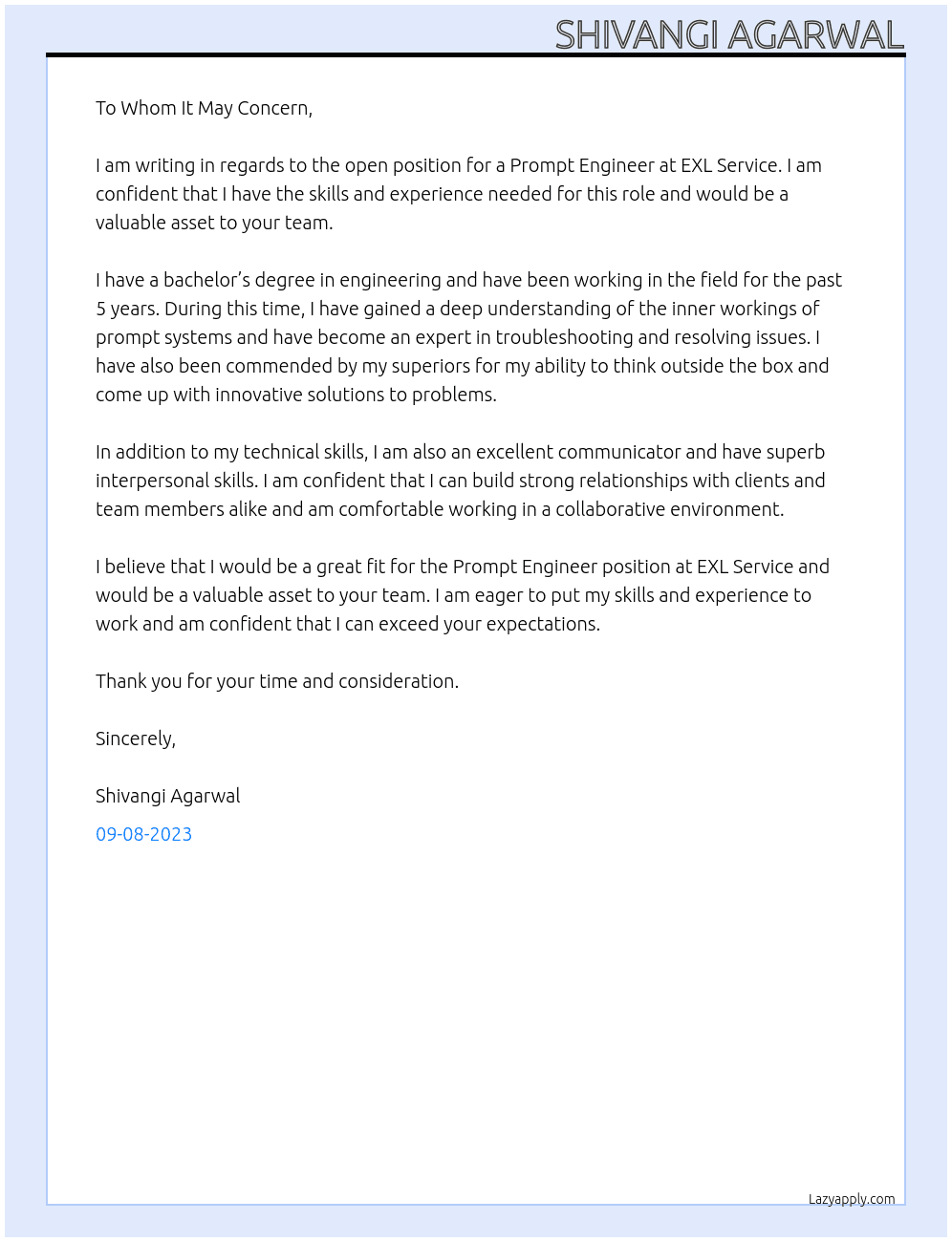 Prompt Engineer At EXL Service Cover Letter