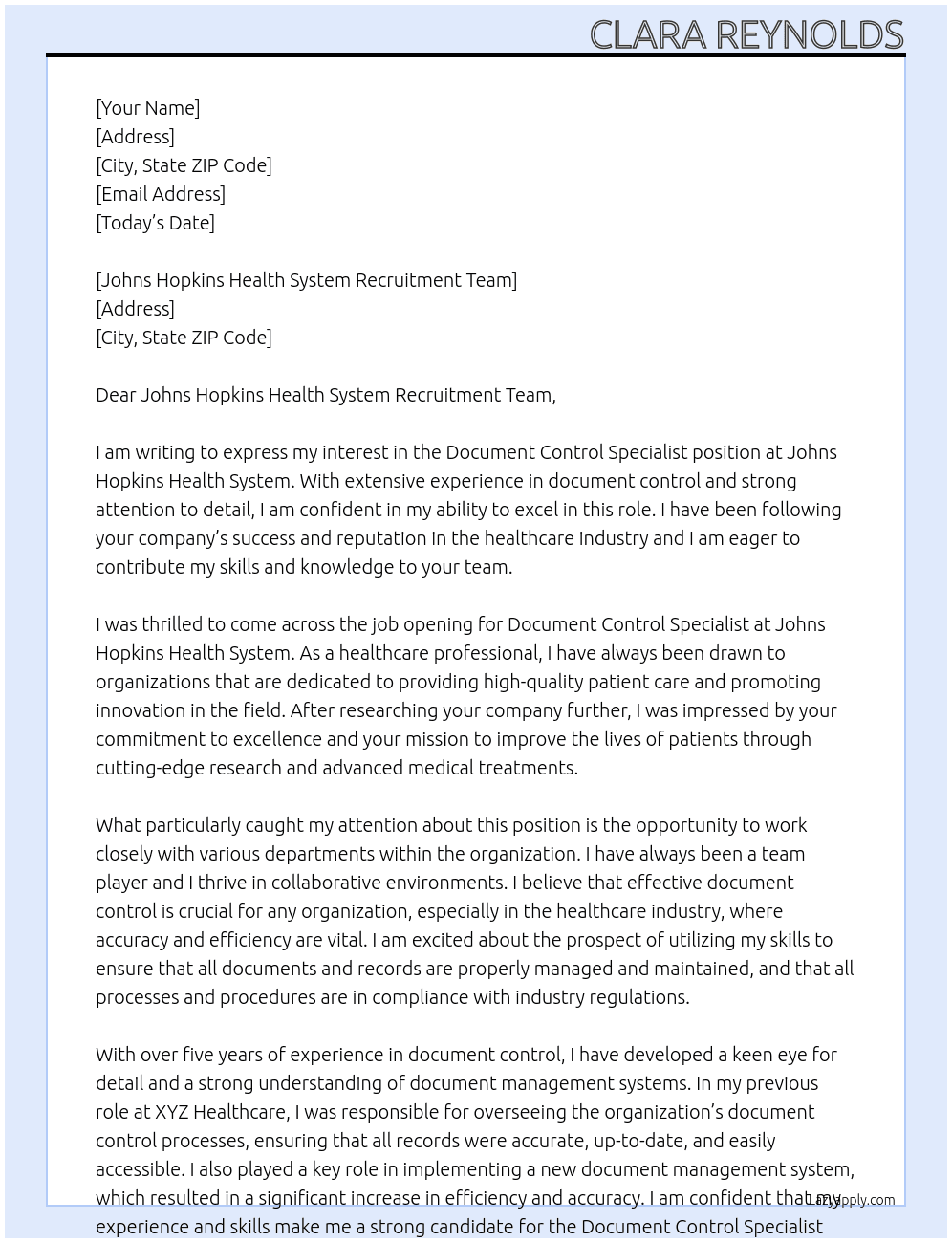 Document Control Specialist At Johns Hopkins Health System Cover Letter