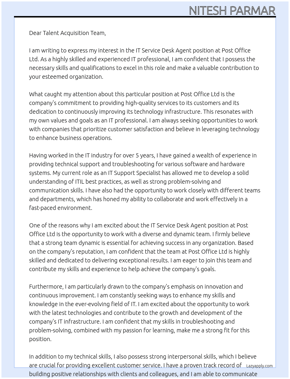  IT Service Desk Agent At Post Office Ltd Cover Letter
