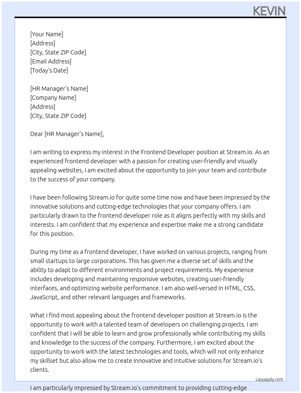 Frontend Developer At Stream.io Cover Letter