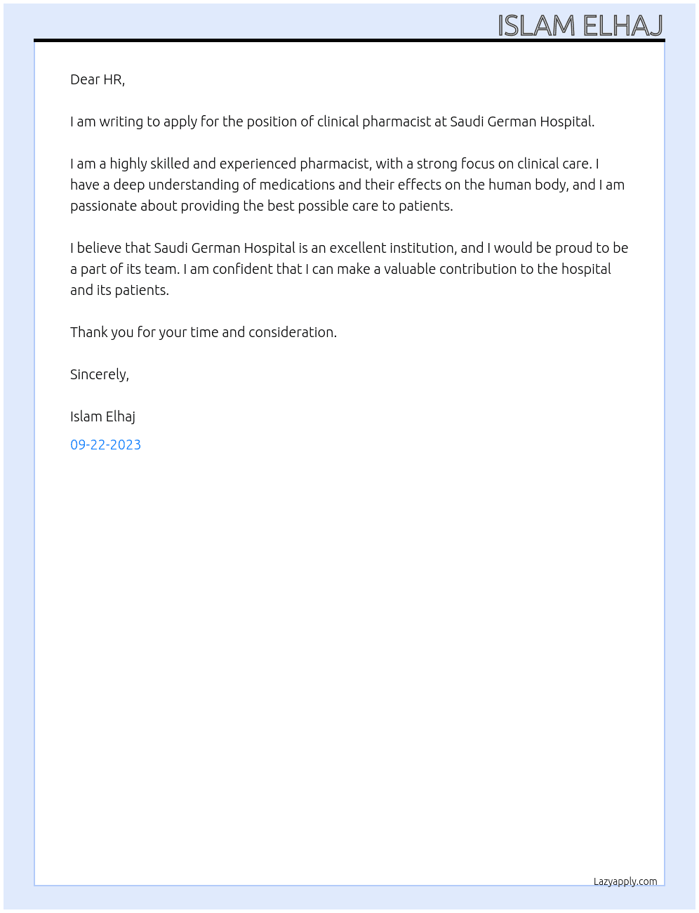 clinical pharmacist At Saudi German Hospital Cover Letter