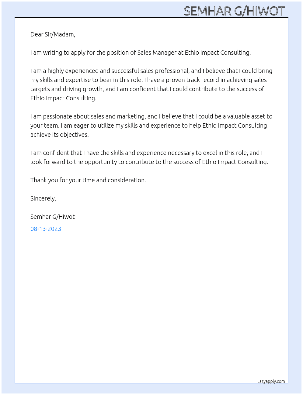 Sales Manager  At Ethio Impact Consulting  Cover Letter