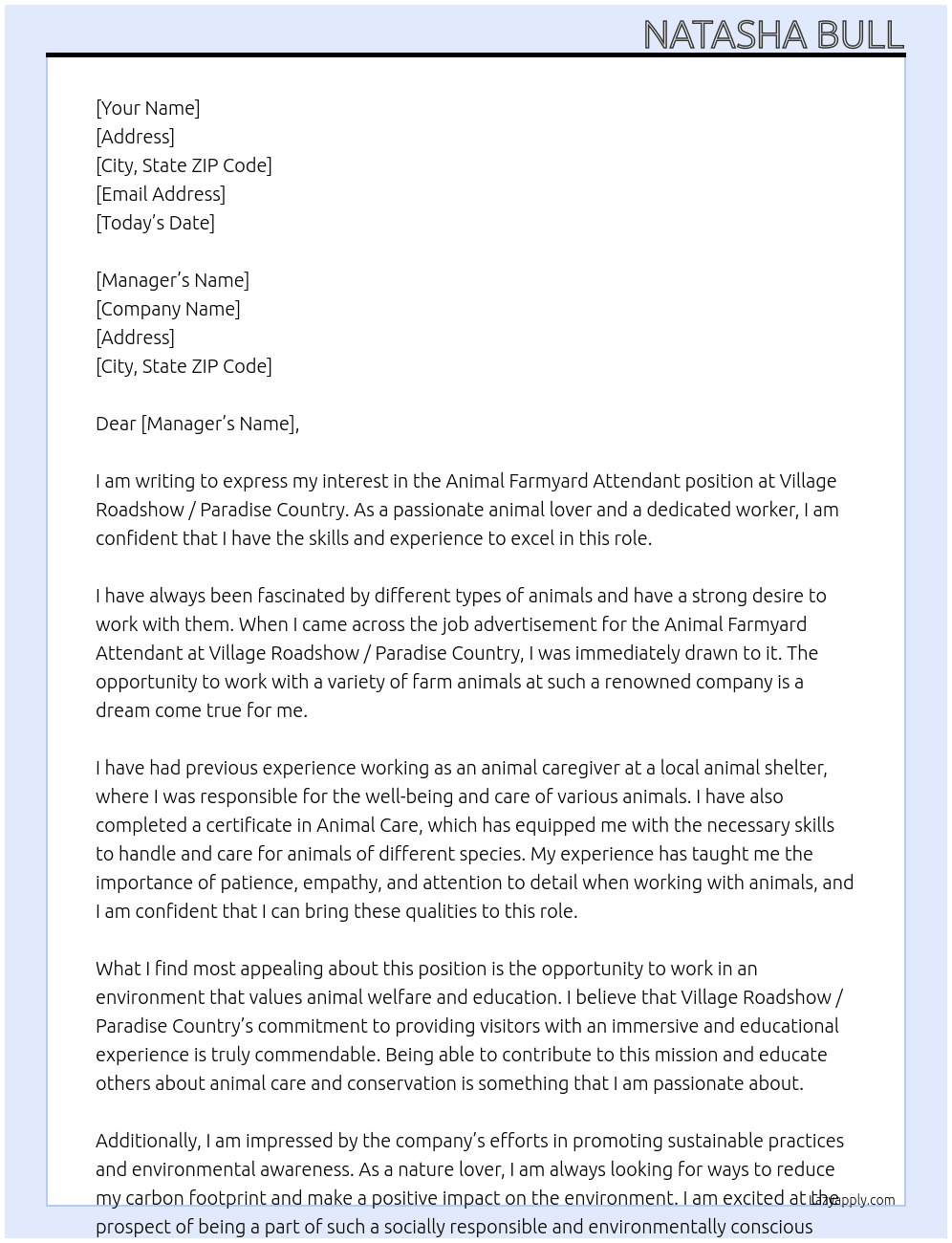 Animal Farmyard attendant At Village Roadshow / Paradise country Cover Letter