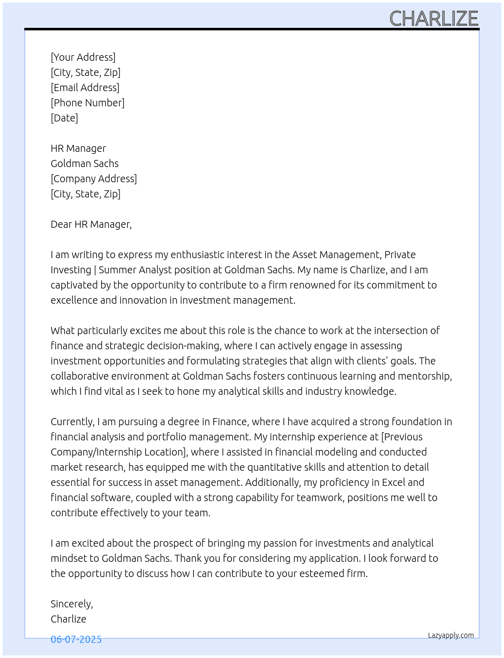 Cover letter for asset management, private investing | summer analyst - LazyApply