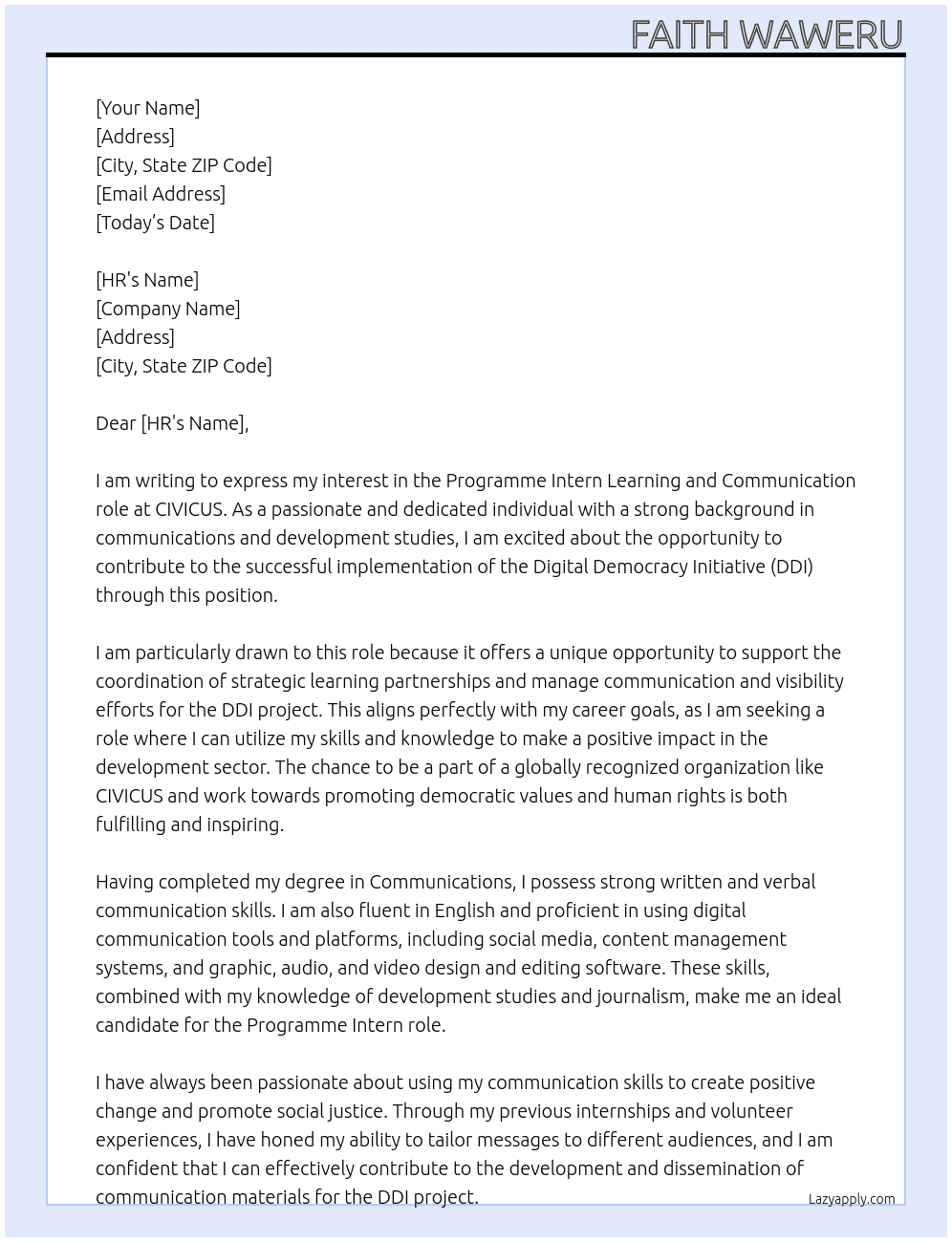PROGRAMME INTERN LEARNING AND COMMUNICATION At CIVICUS Cover Letter