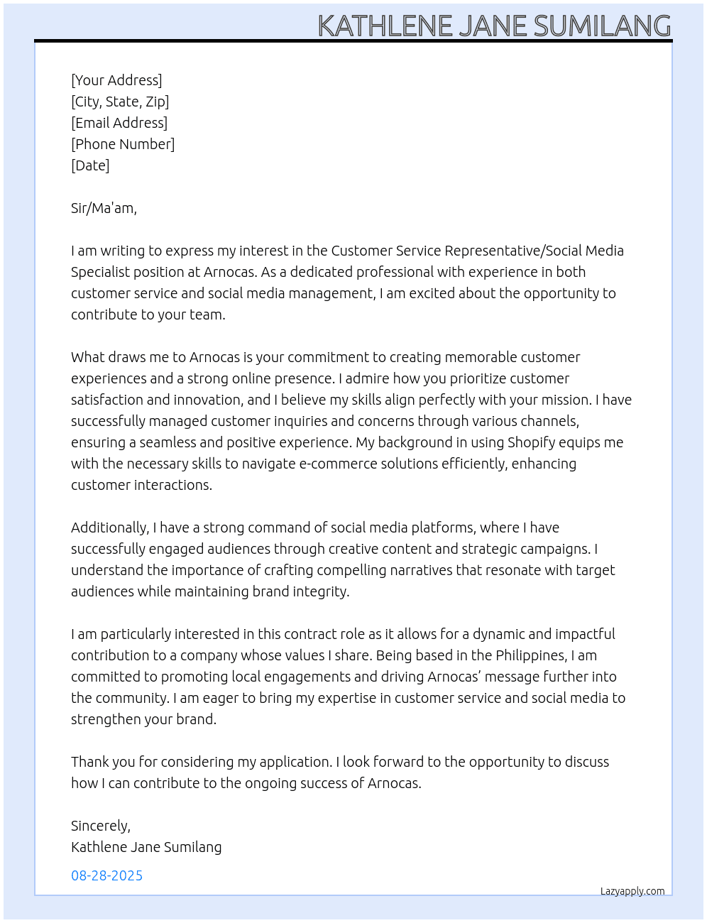 Customer Service Representative/Social Media Specialist At Arnocas Cover Letter