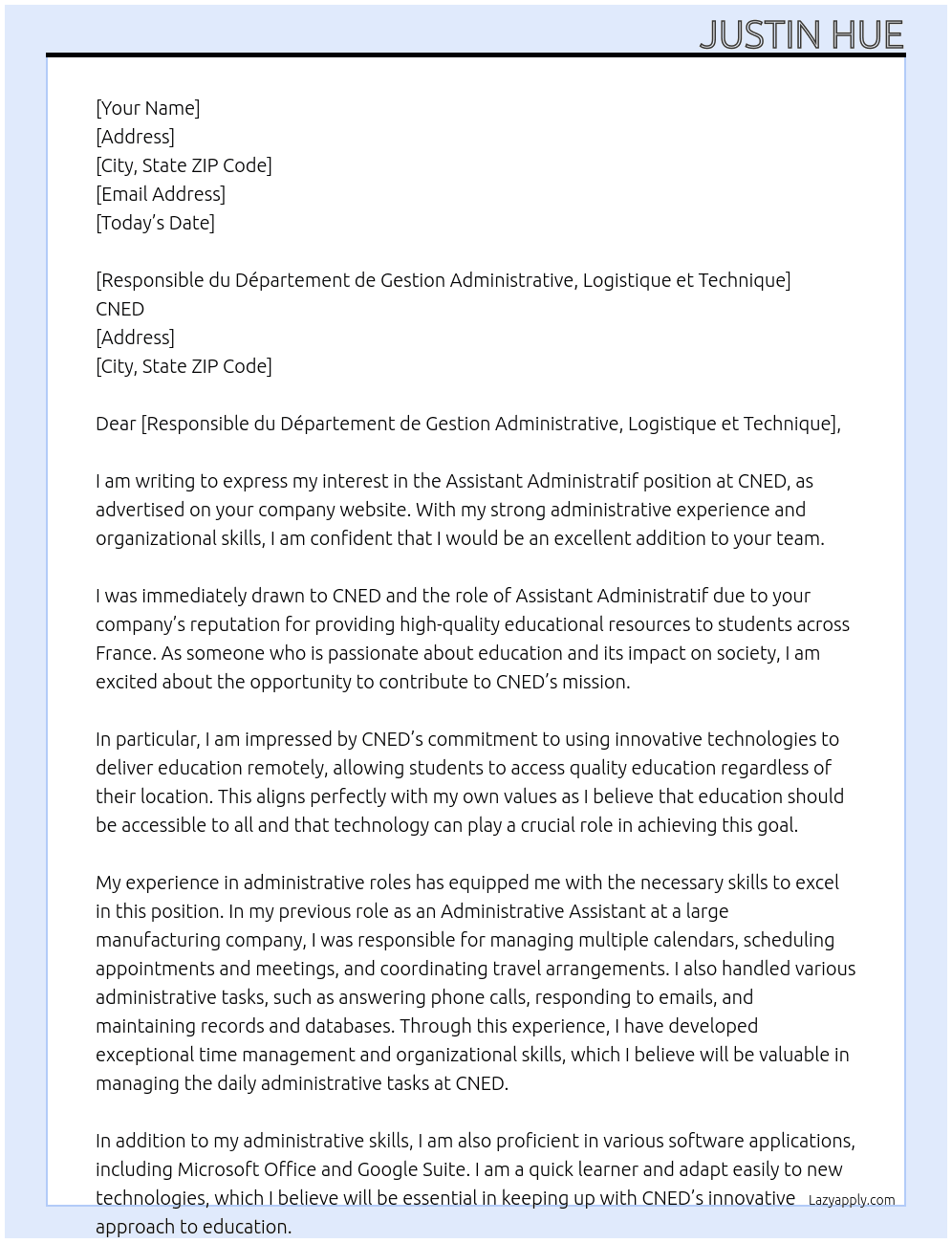 Assistant Administratif  At CNED  Cover Letter