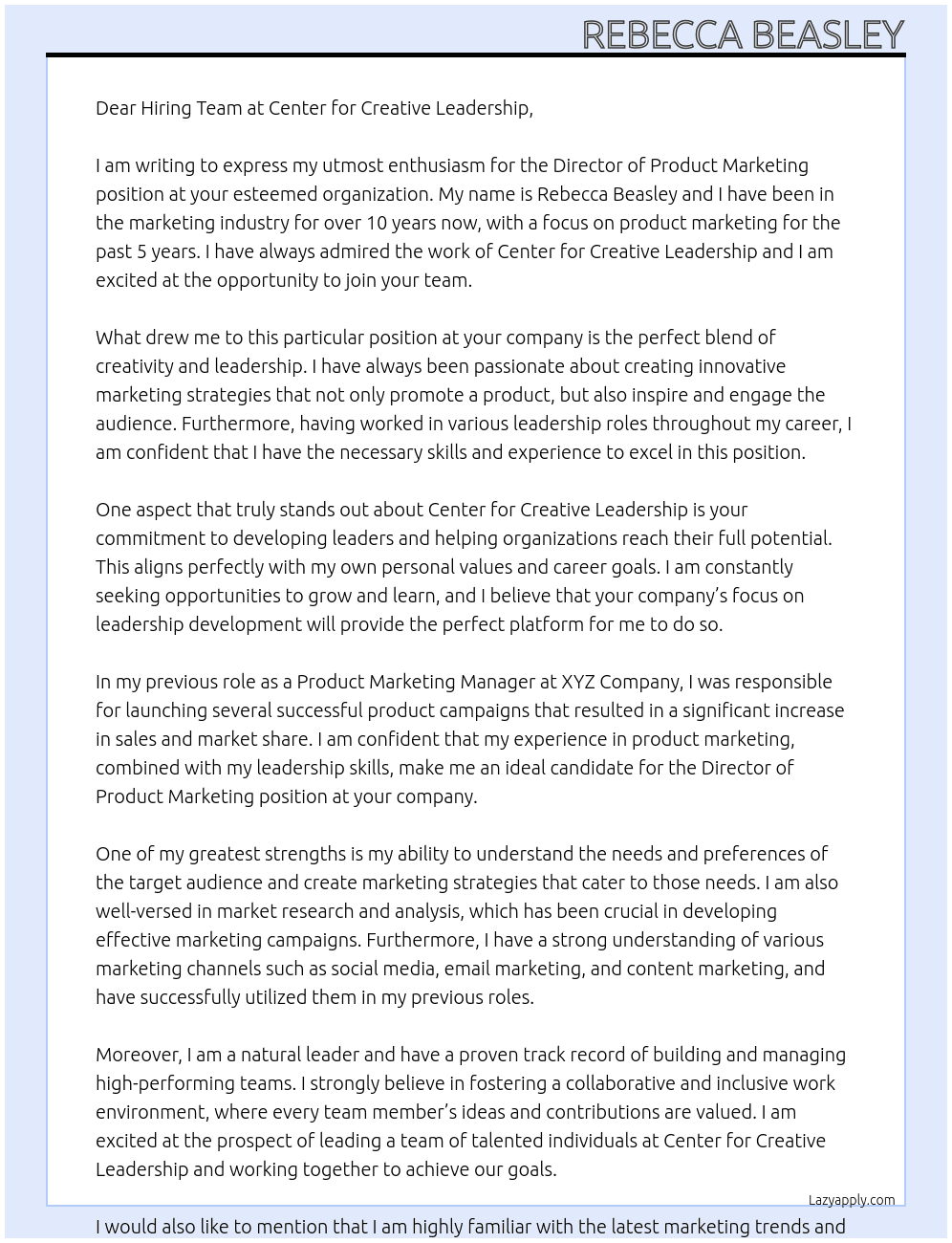Director of Product Marketing At Center for Creative Leadership Cover Letter