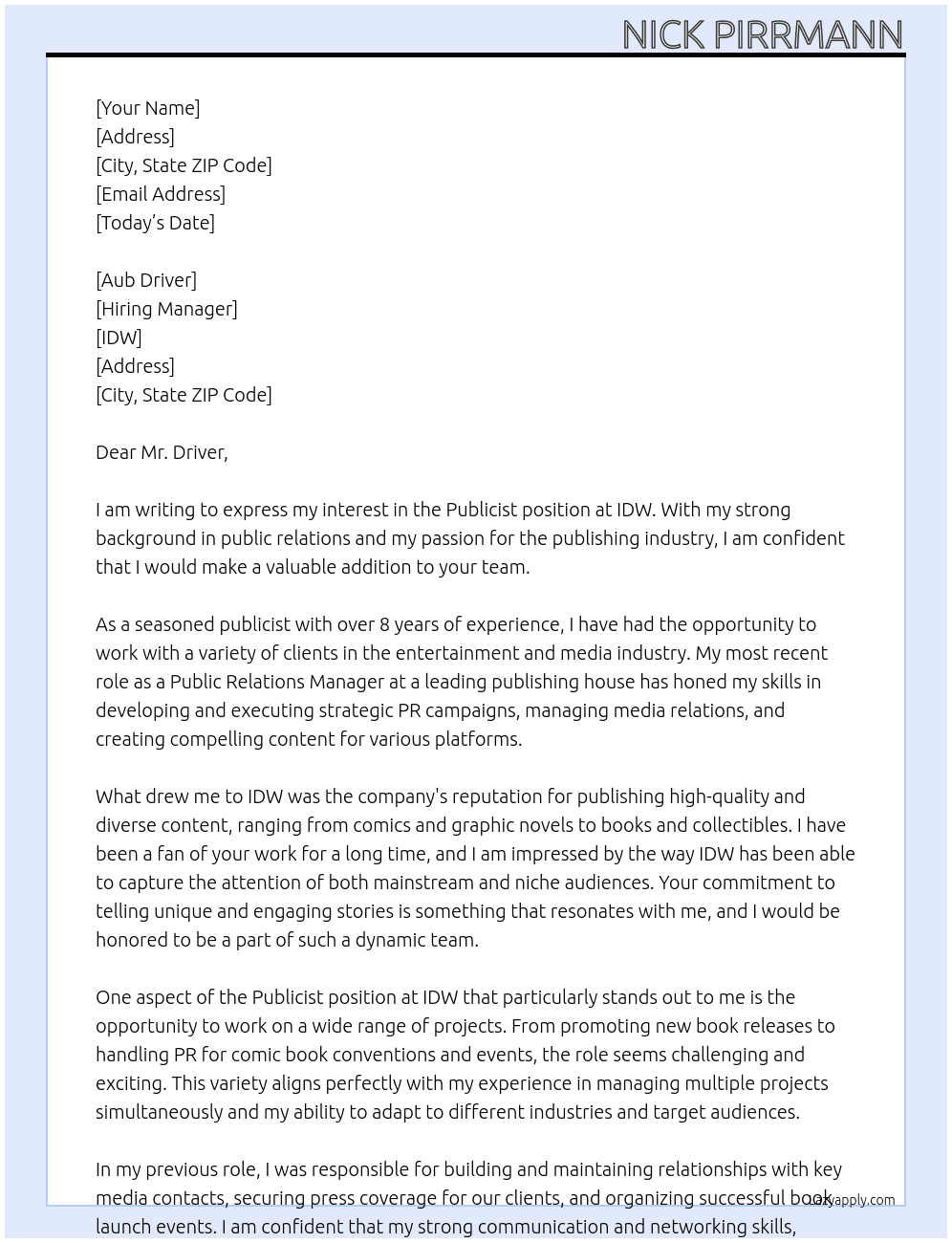 Publicist At IDW Cover Letter