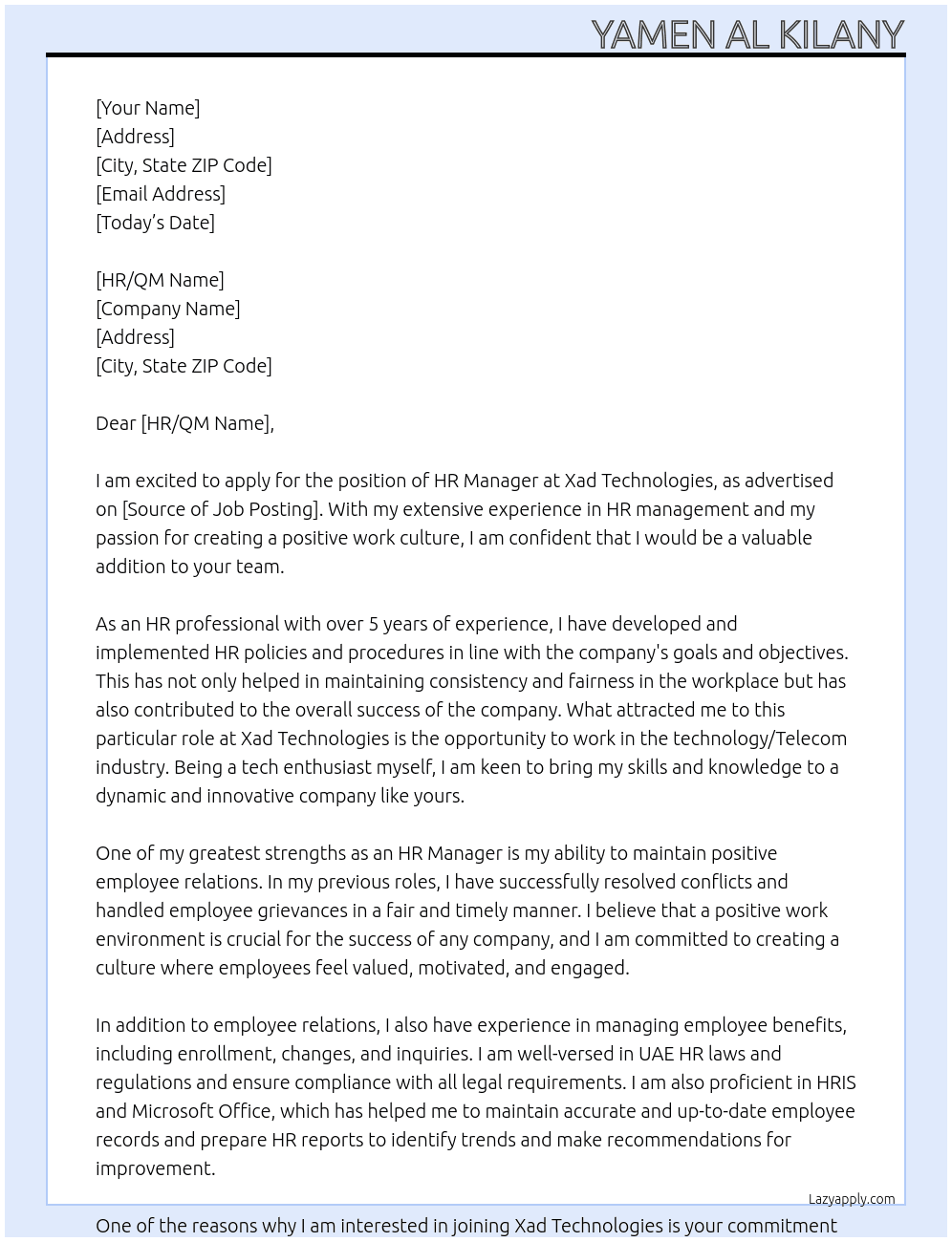 HR Manager  At Xad Technologies Cover Letter