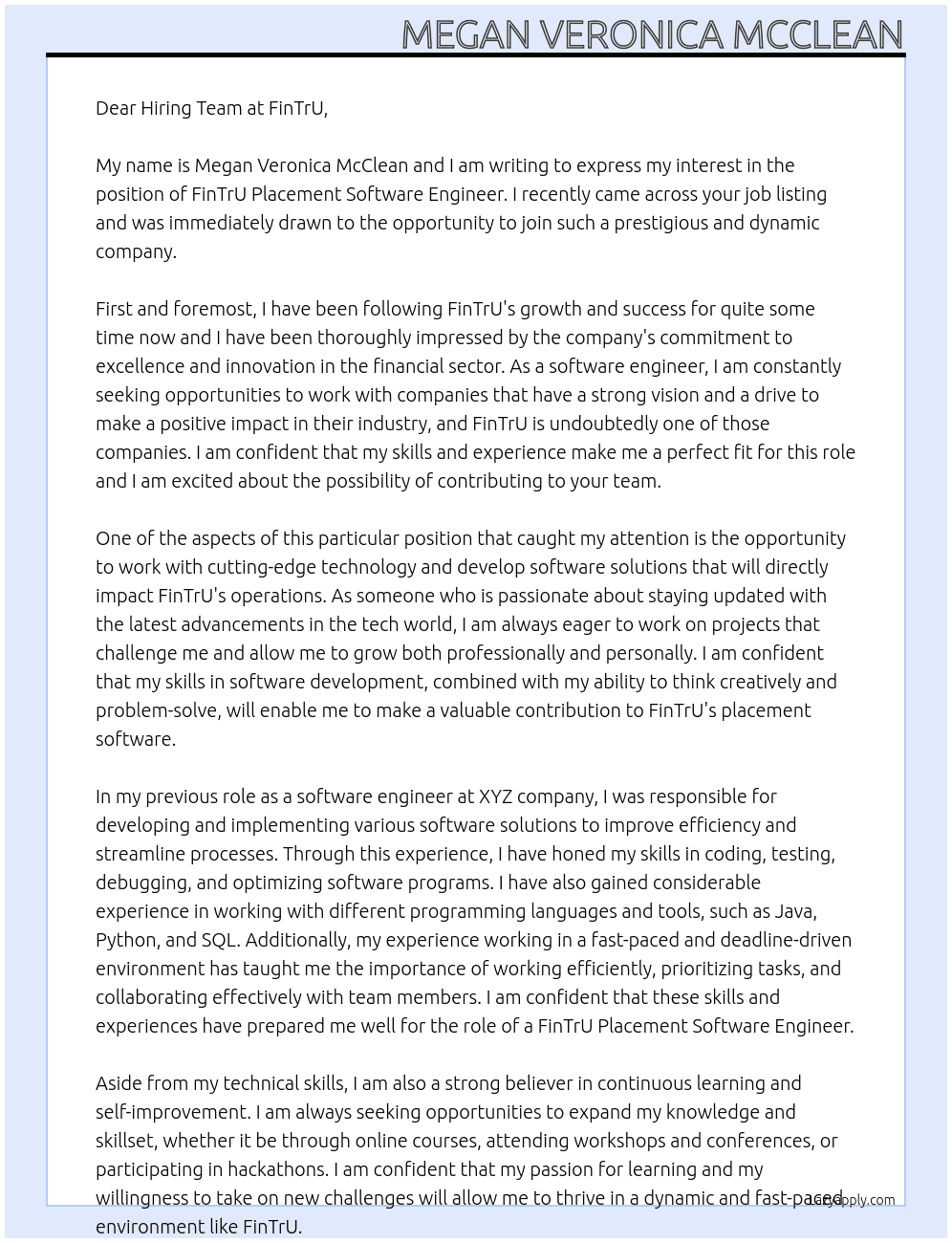 FinTrU Placement Software Engineer At fintru Cover Letter
