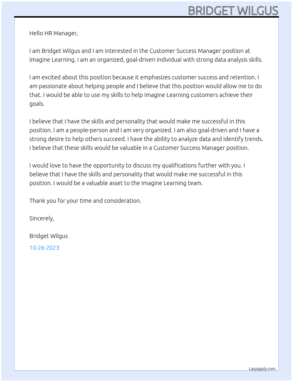 Customer Success Manager At Imagine Learning Cover Letter