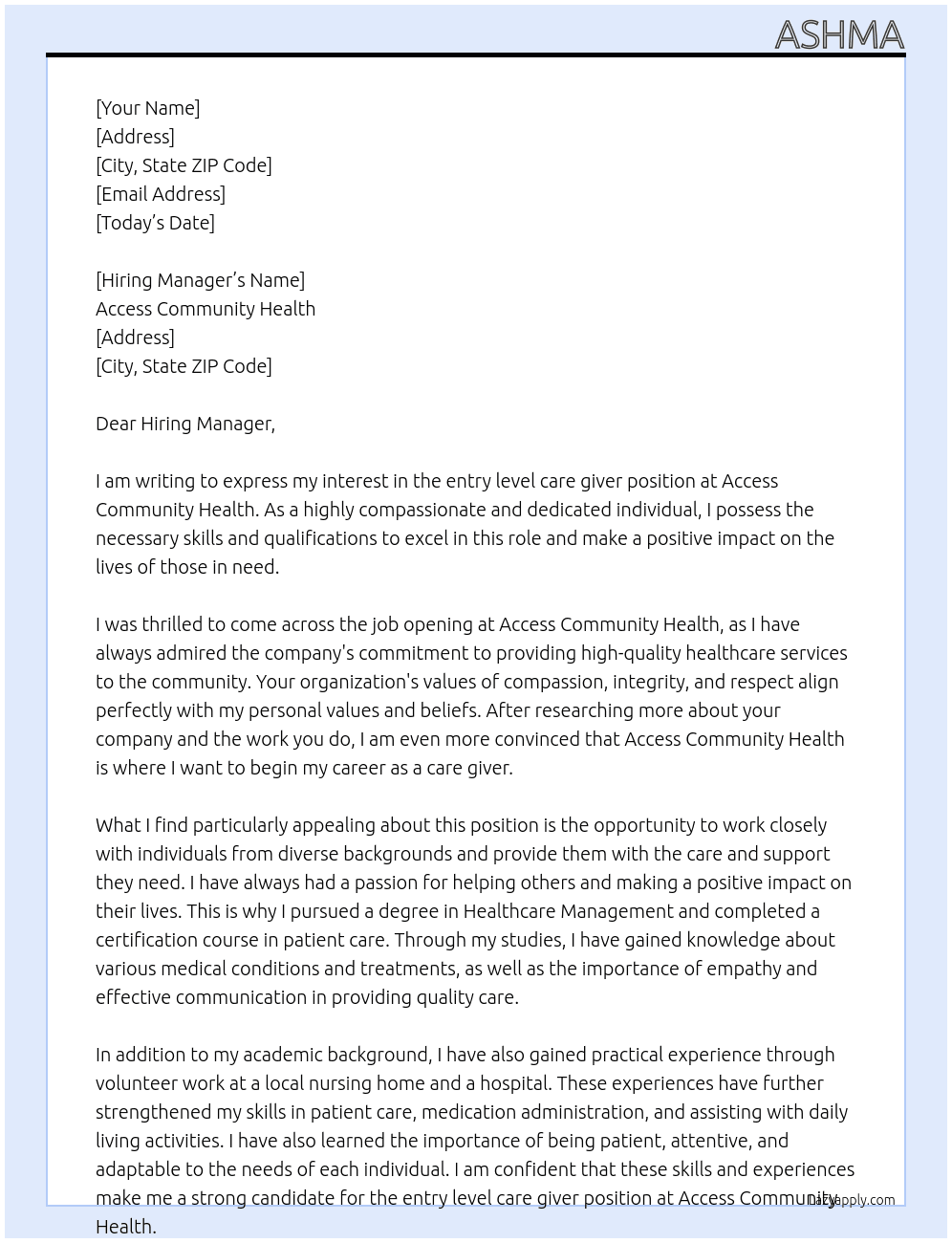 entry level care giver At Access Community Health Cover Letter