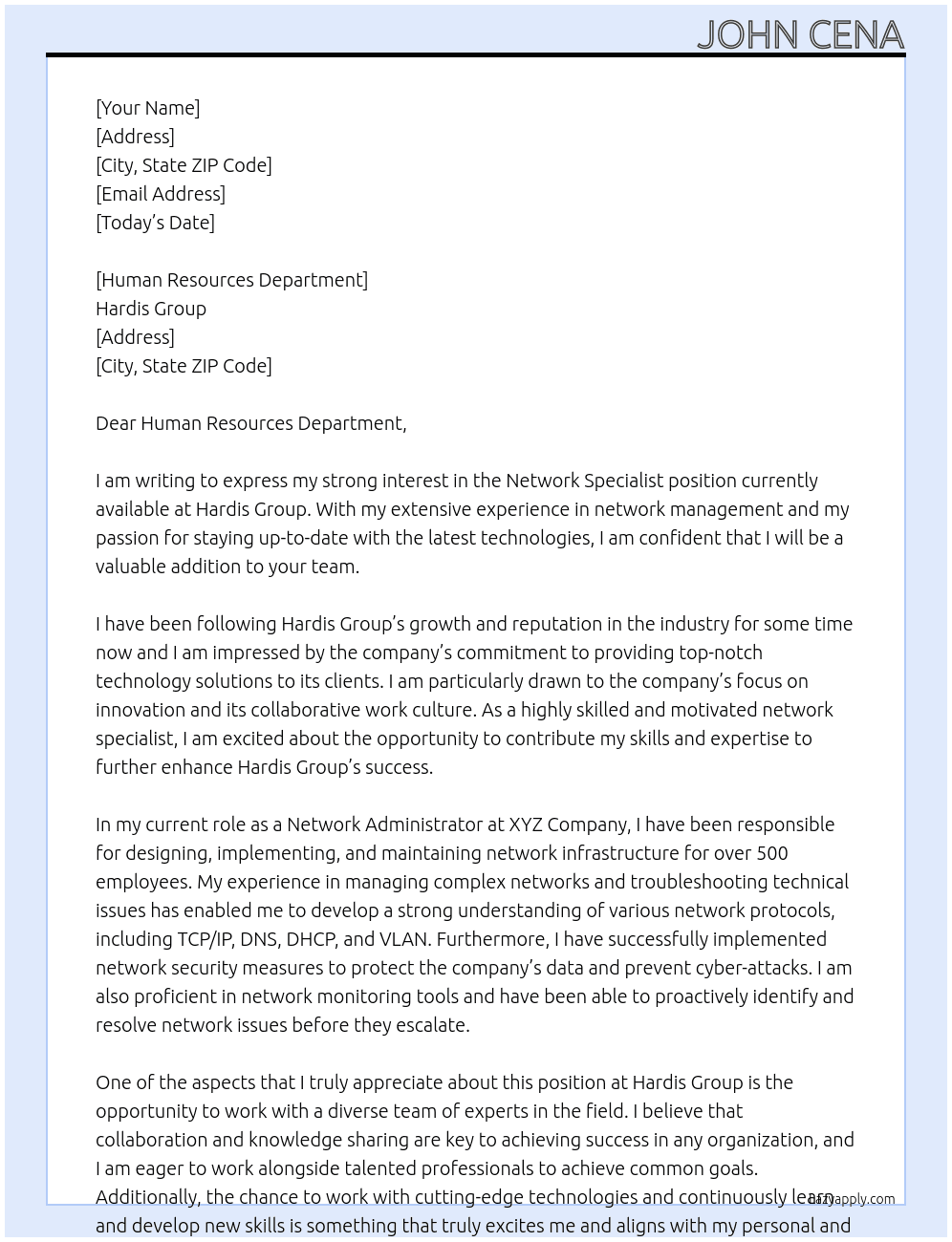 Network specialist At Hardis Group Cover Letter
