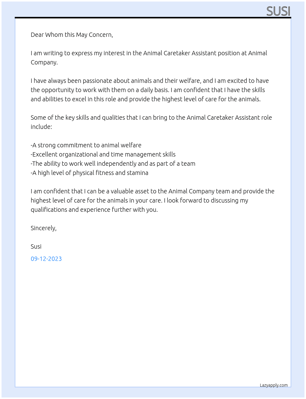 animal caretaker assistant  At Animal Company  Cover Letter