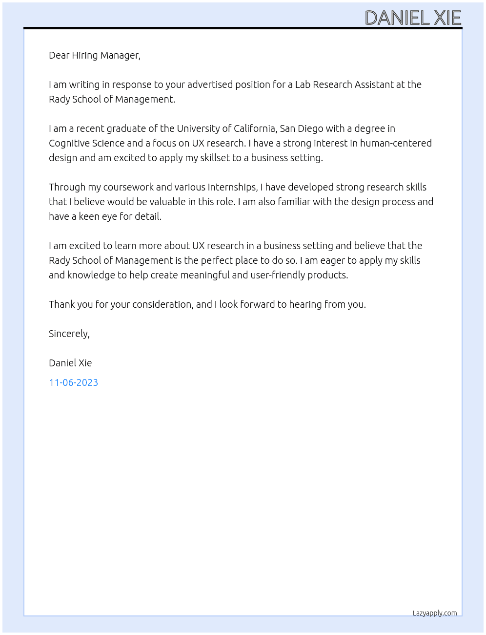 Lab Research Assistant At Rady School of Management Cover Letter