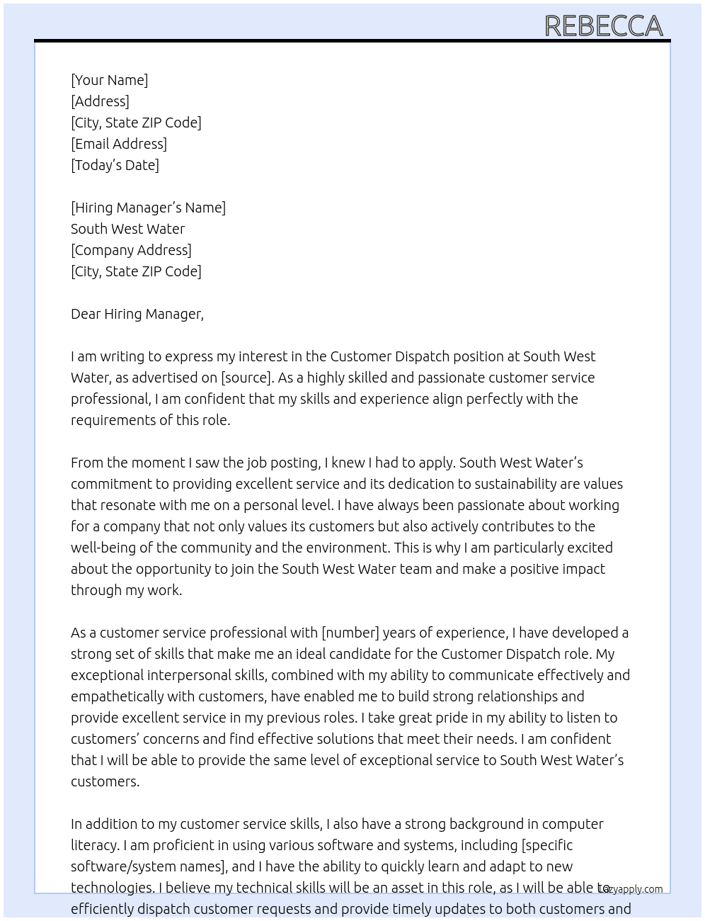 Customer dispatch At South West water Cover Letter