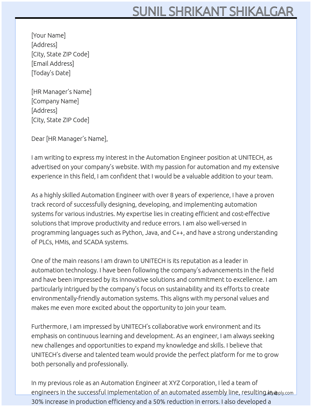 Automation Engineer  At UNITECH Cover Letter