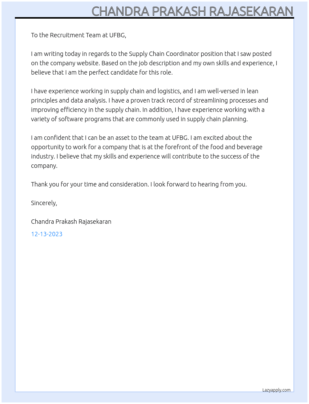 Supply Chain Coordinator At UFBG Cover Letter
