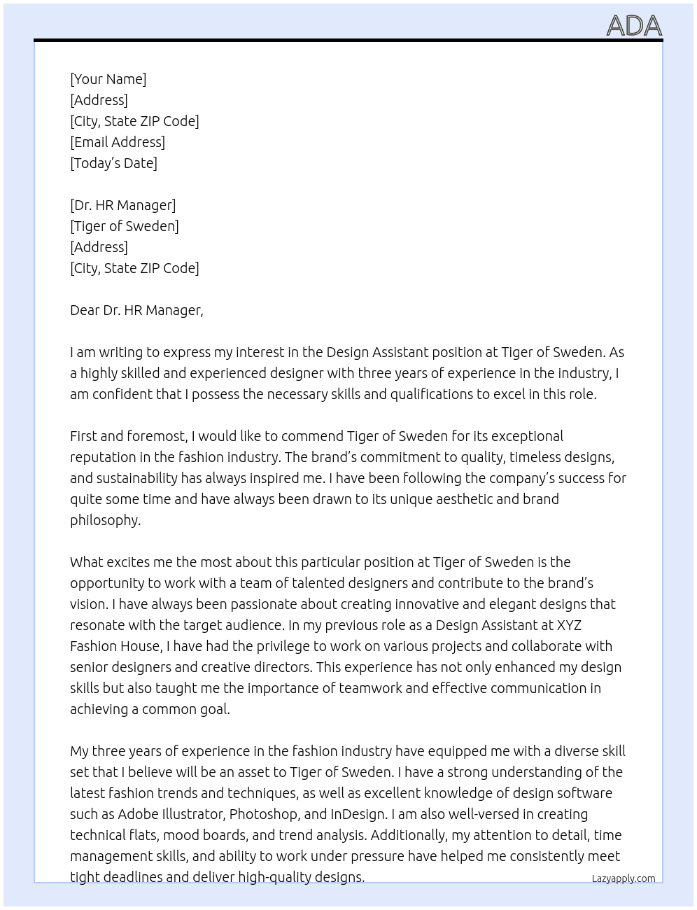 Design Assistant At Tiger of sweden Cover Letter