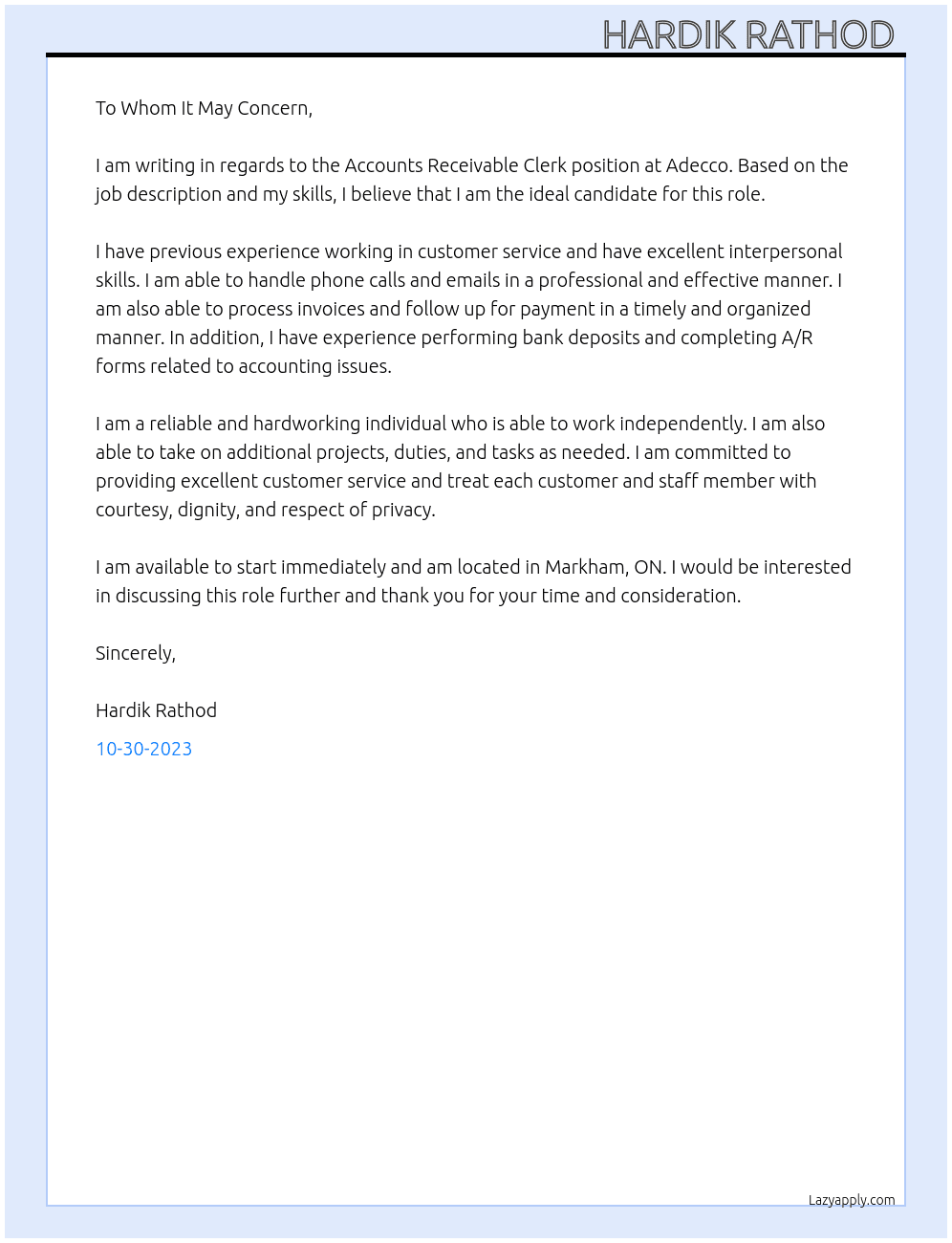 Accounts Receivable Clerk At Adecco Cover Letter